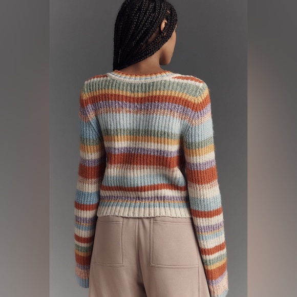 ✨ Anthropologie Ribbed Multi-Stripe Cardigan Sweater Sz M - Picture 3 of 7